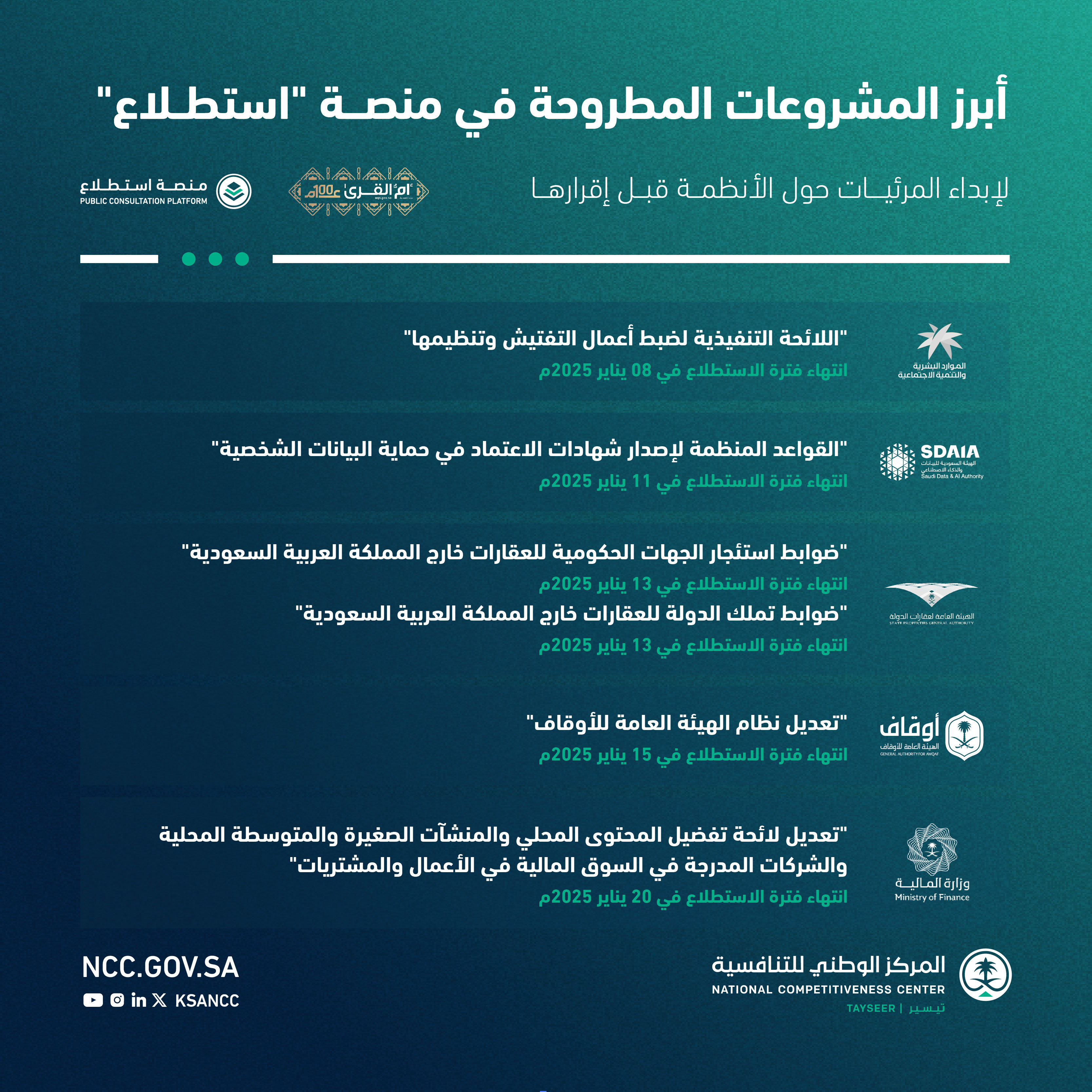 طرح 32 مشروعاً عبر منصة (استطلاع) لأخذ المرئيات بشأنها