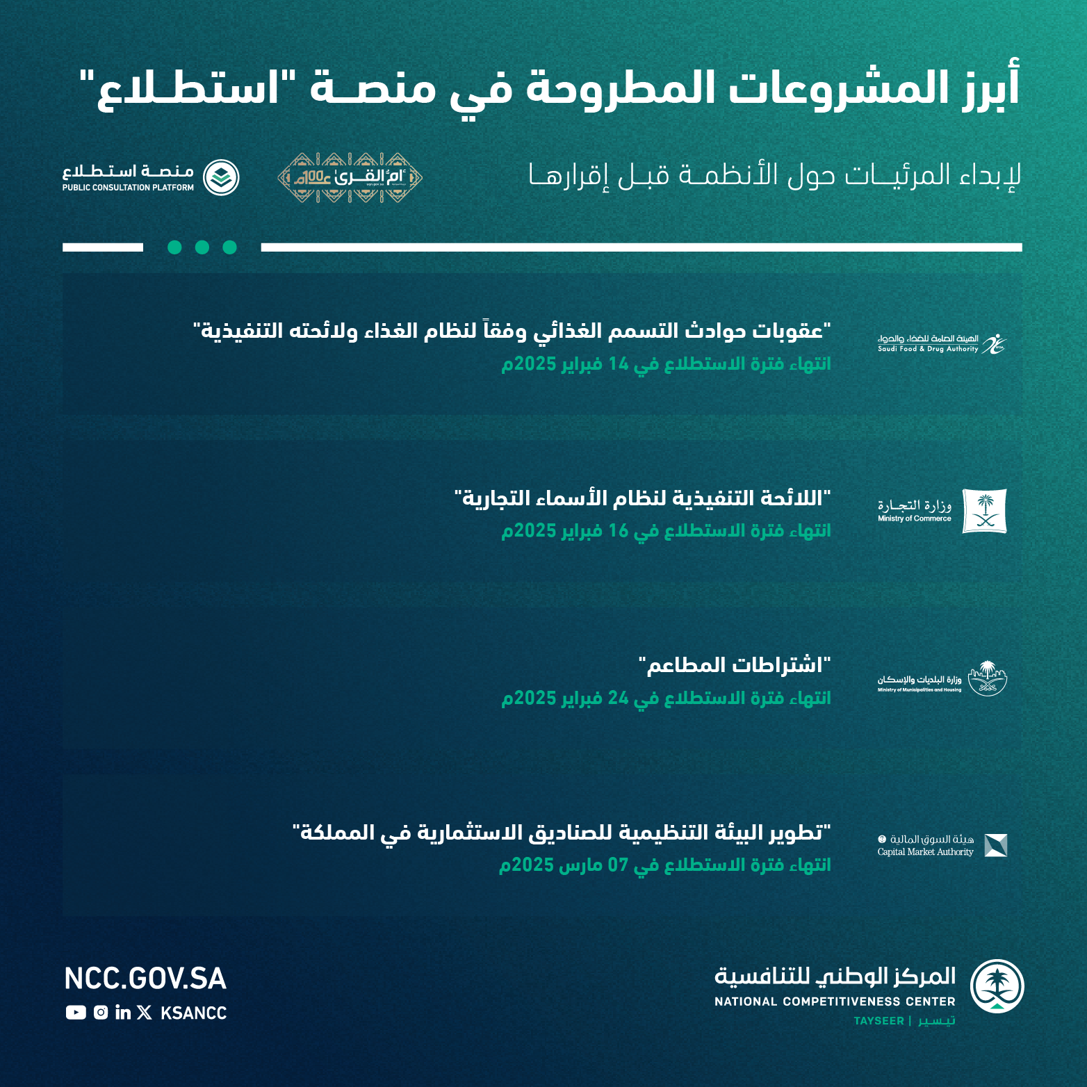 طرح 20 مشروعاً عبر منصة "استطلاع" لأخذ المرئيات بشأنها