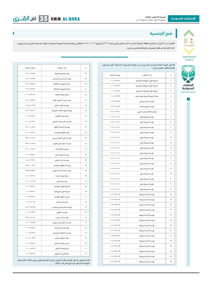 الإعلانات المنوعة لعدد 4885