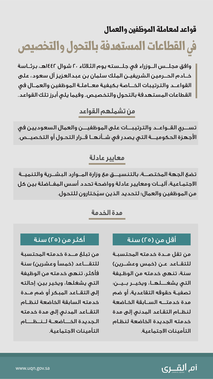 القواعد والترتيبات الخاصة بكيفية معاملة الموظفين والعمال في القطاعات المستهدفة بالتحول والتخصيص