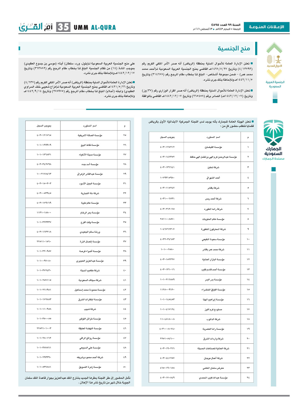 الإعلانات المنوعة لعدد 4895